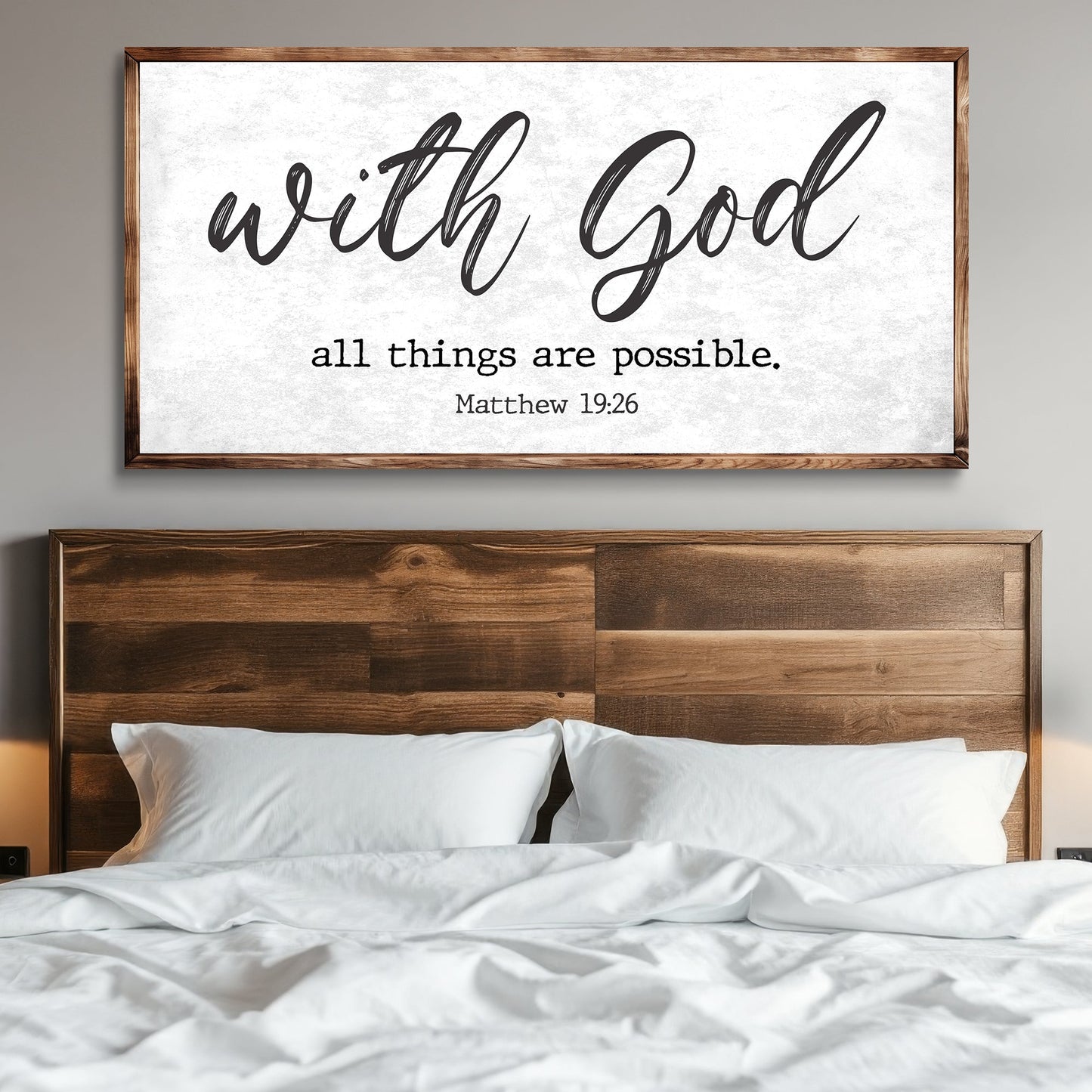 Canvas faith sign Tailored Canvases, cream background with black script Matthew 19:26 on Tampa Home & Garden Store