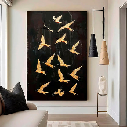Abstract Flying Swallow Canvas by Tailored Canvases; gold swallows on black backdrop on Tampa Home & Garden Store