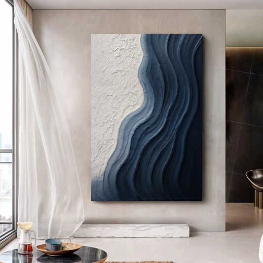 Tailored Canvases Abstract Minimalist Wave Impasto Canvas art in white and navy texture on Tampa Home & Garden Store