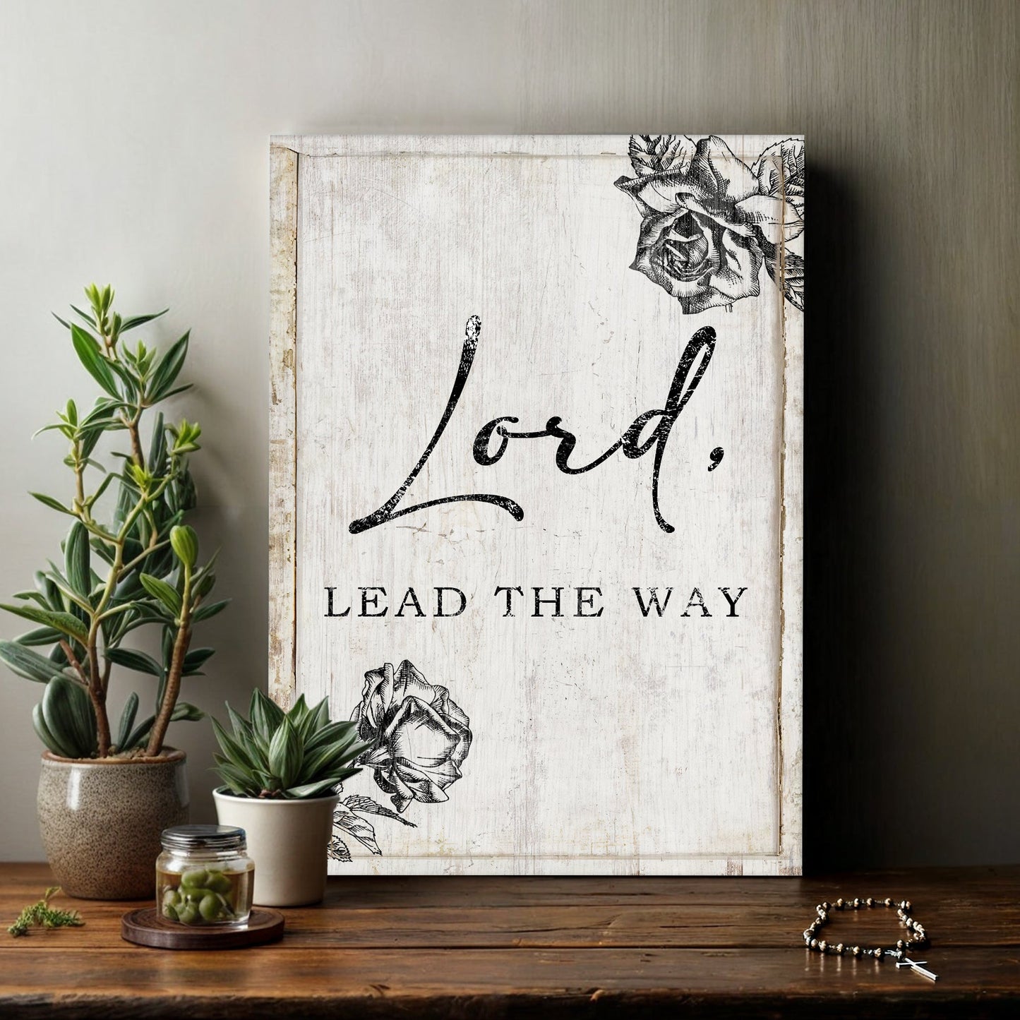 Lord Lead The Way Faith Sign canvas with whitewashed wood background and black rose accents on Tampa Home & Garden Store