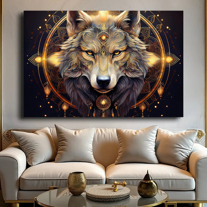 Wolf Head Wall Art canvas by Tailored Canvases with gold accents on dark background on Tampa Home & Garden Store