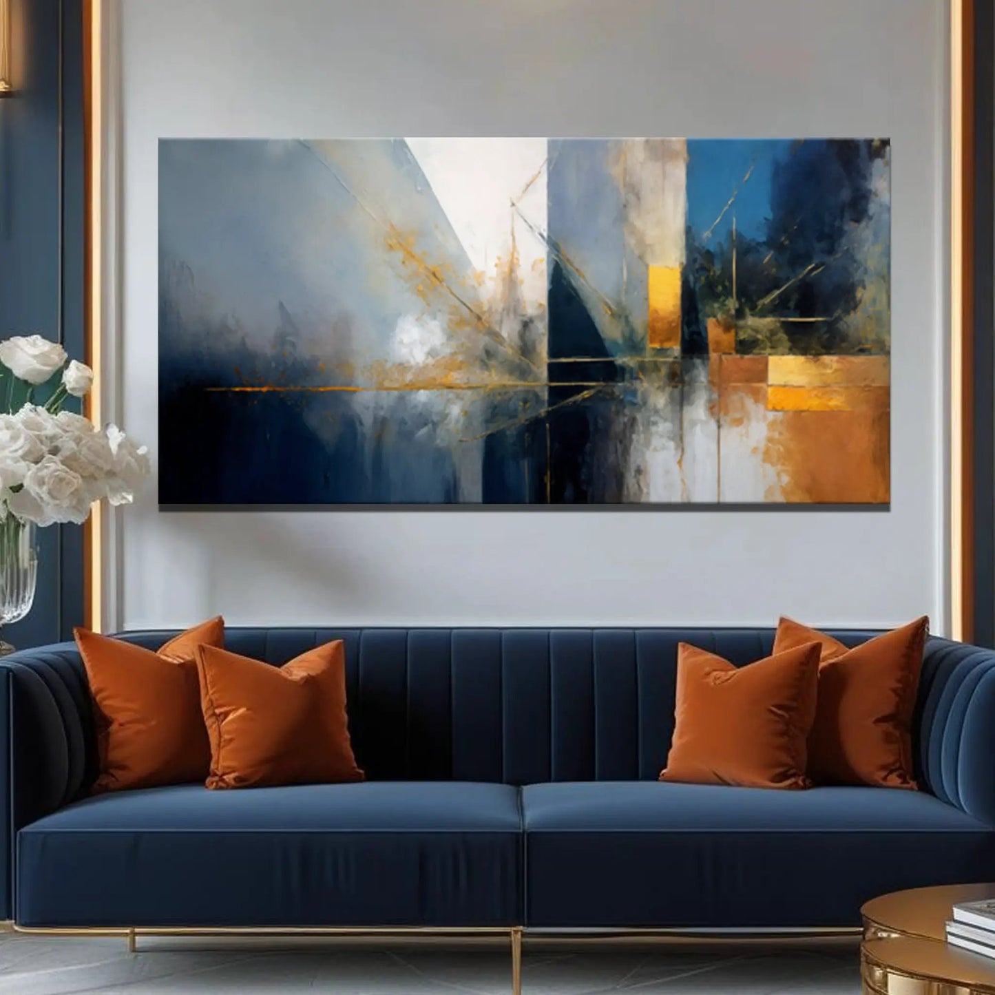 Abstract Geometric Lines Wall Art III canvas by Tailored Canvases, blue gray with gold accents on Tampa Home & Garden Store