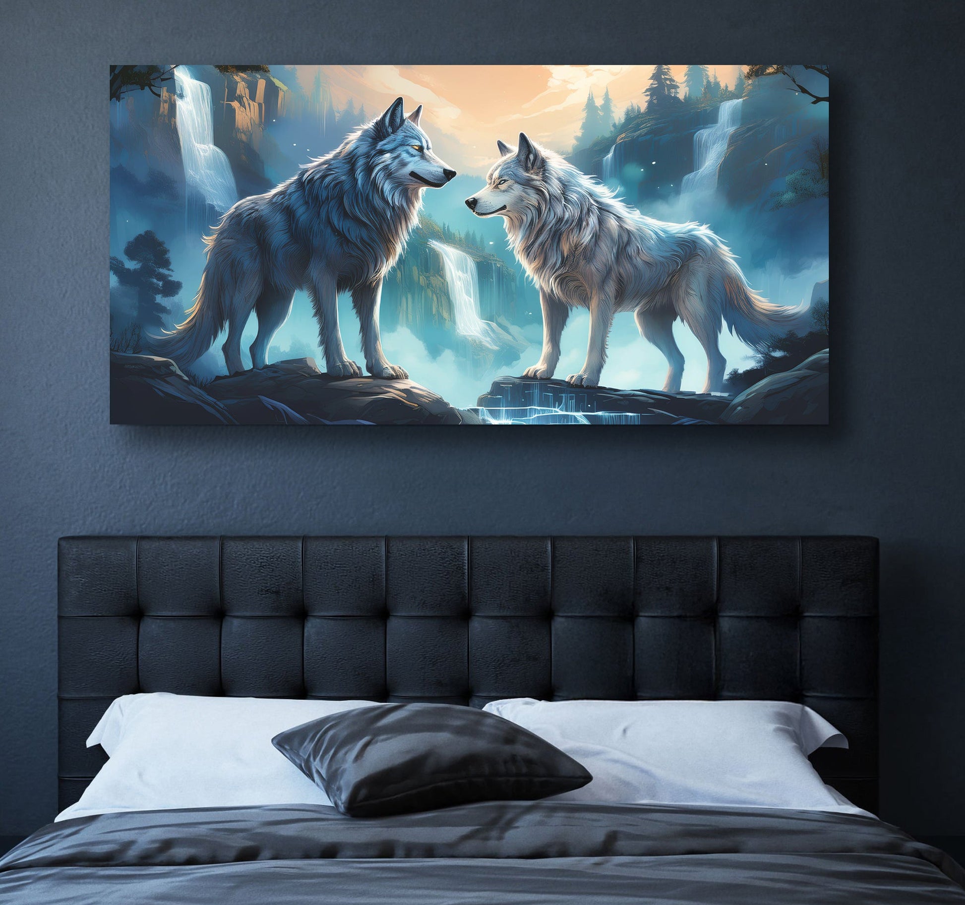 3D Wolves Wall Art IV canvas by Tailored Canvases; blue-toned scene with two wolves and cascading waterfalls on Tampa Home & Garden Store
