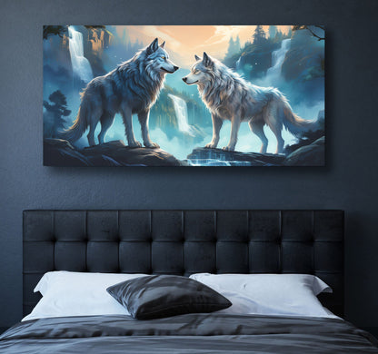 3D Wolves Wall Art IV canvas by Tailored Canvases; blue-toned scene with two wolves and cascading waterfalls on Tampa Home & Garden Store