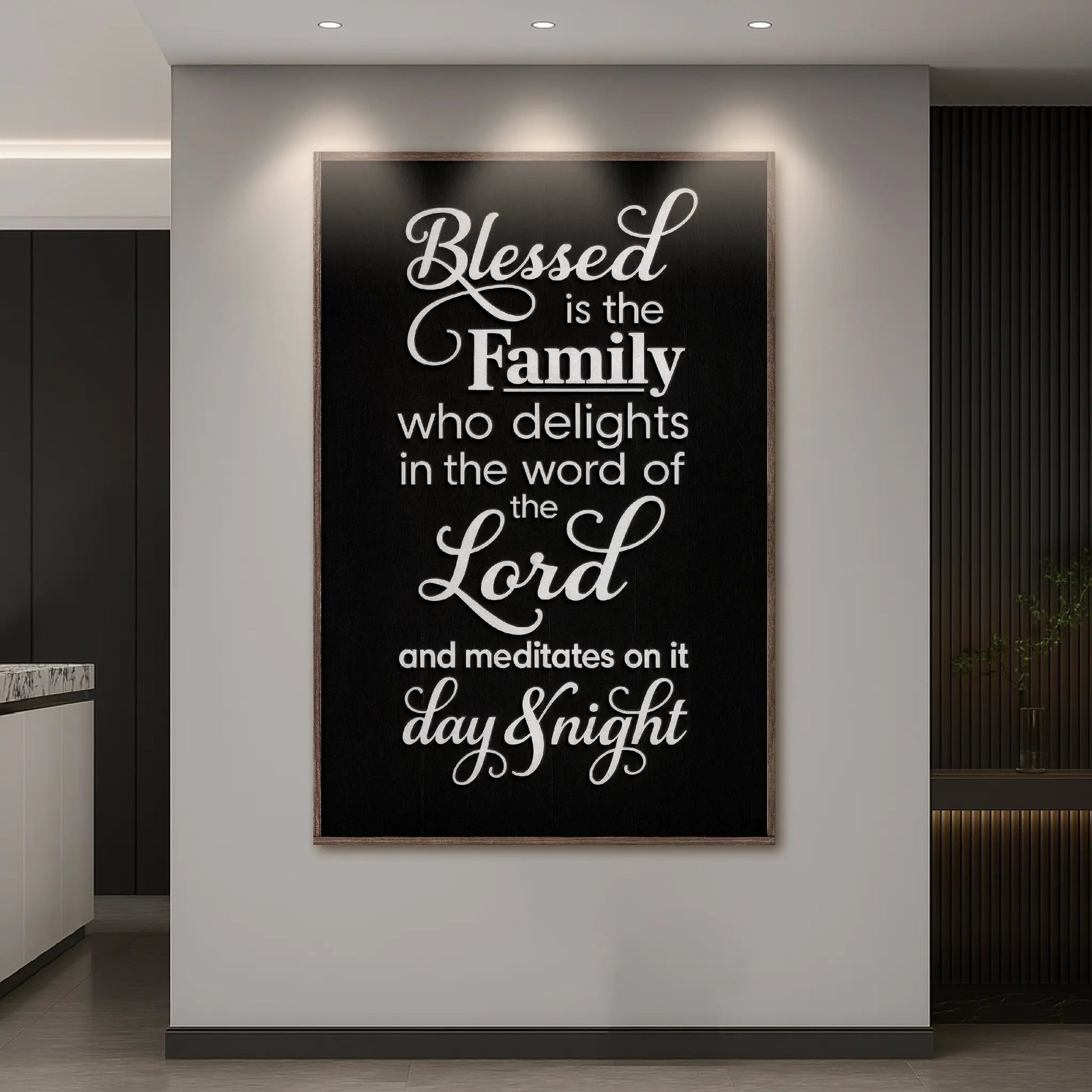 Blessed Is The Family Faith Sign canvas by Tailored Canvases, black background white script on Tampa Home & Garden Store