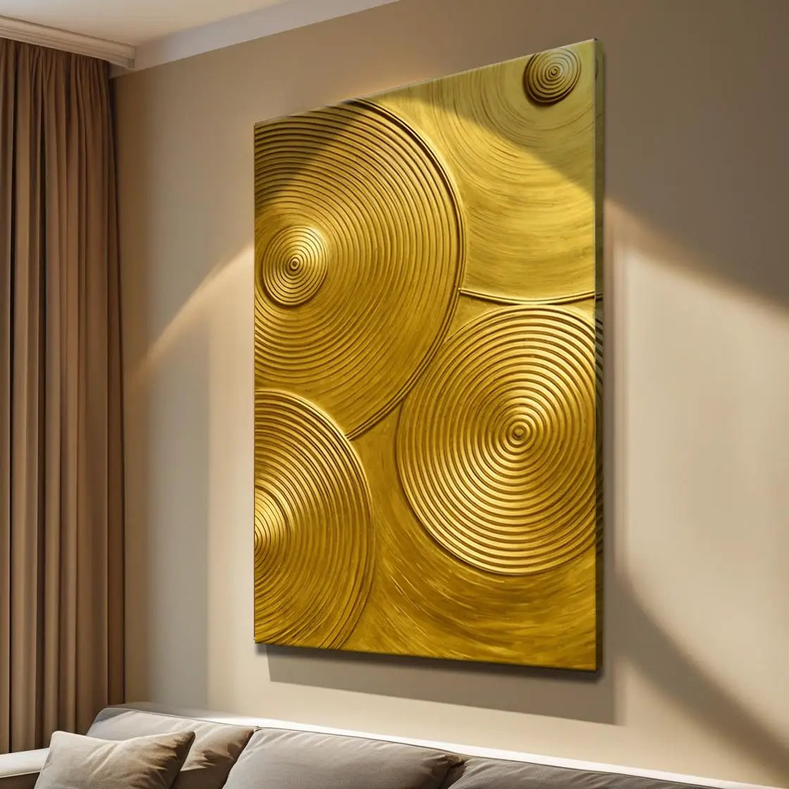 Gold Symphony Wall Art canvas by Tailored Canvases with bold metallic gold circles on Tampa Home & Garden Store