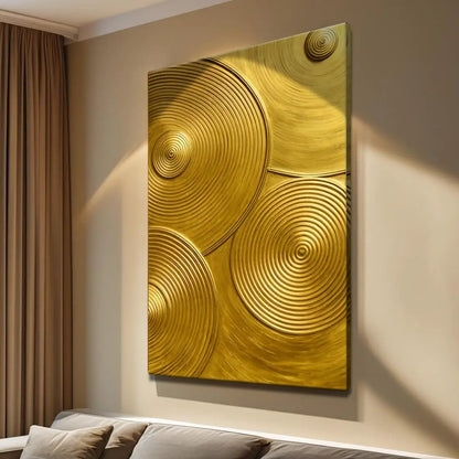 Gold Symphony Wall Art canvas by Tailored Canvases with bold metallic gold circles on Tampa Home & Garden Store