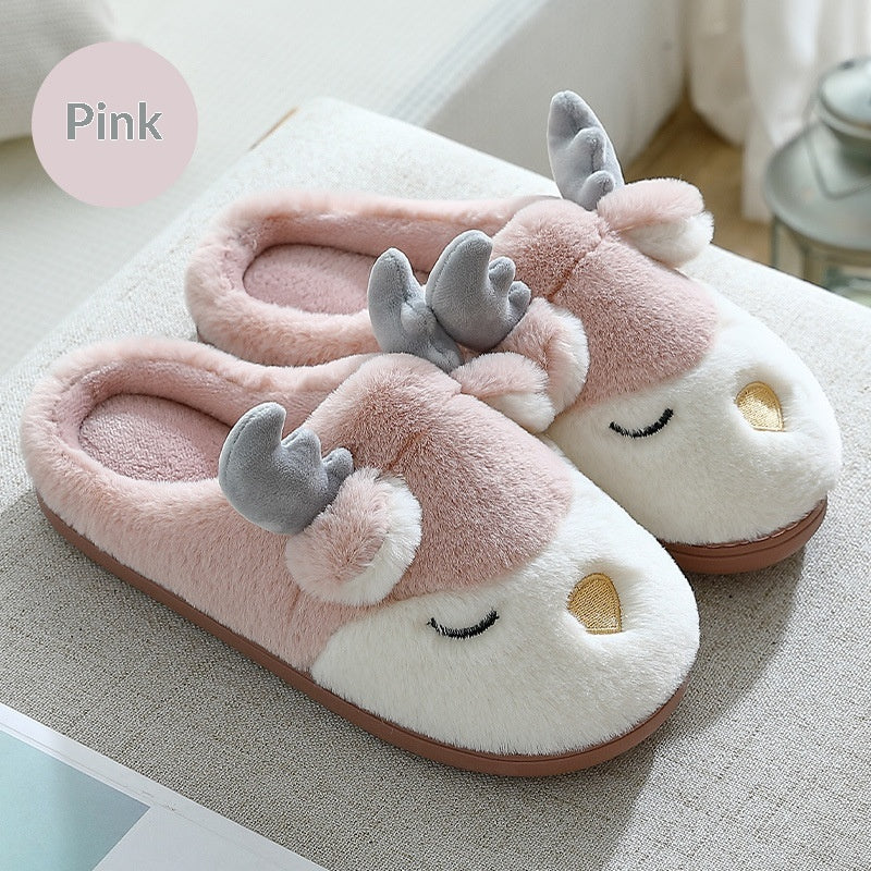 Stevvex women's pink deer plush slippers with gray antlers, white face, fluffy interior on Tampa Home & Garden Store