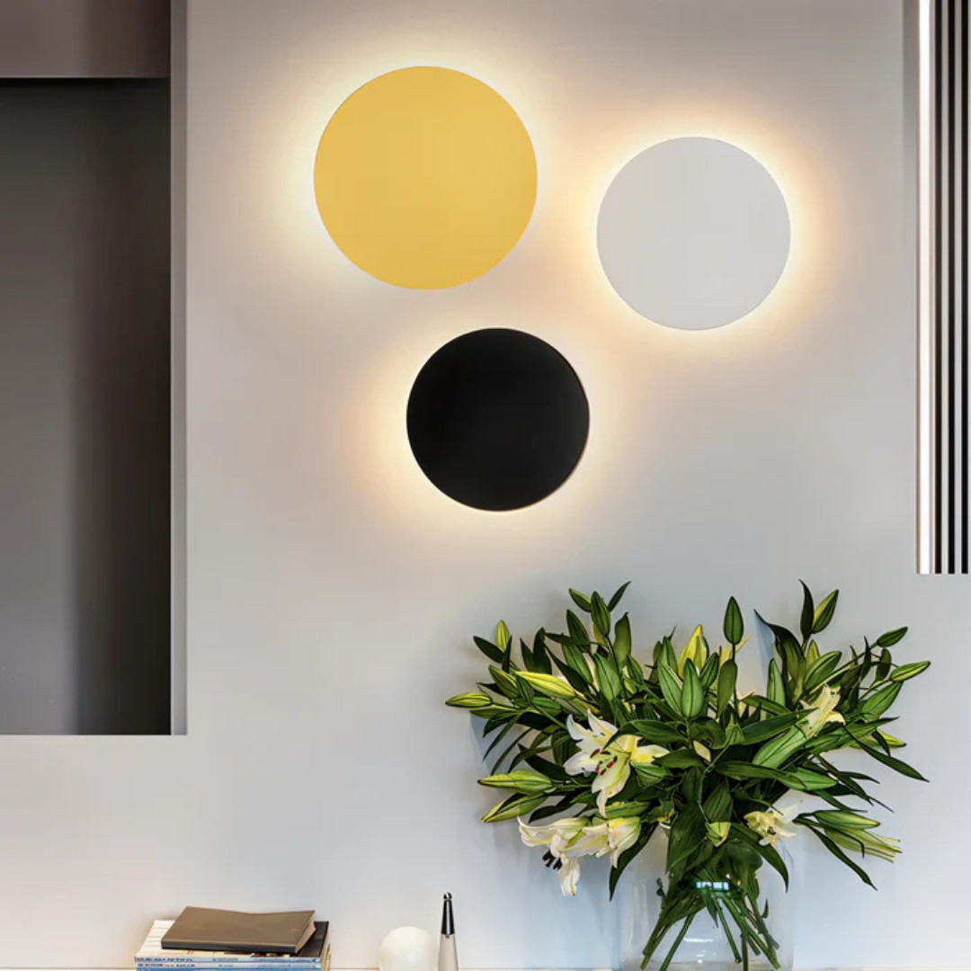 Modern LED Wall Lamp with three circular discs in yellow white and black Moktan Sabai on Tampa Home & Garden Store