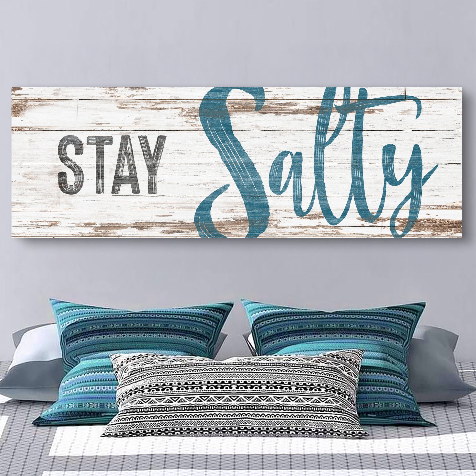 Stay Salty Coastal Sign VIII canvas with weathered white wood backdrop and turquoise script on Tampa Home & Garden Store