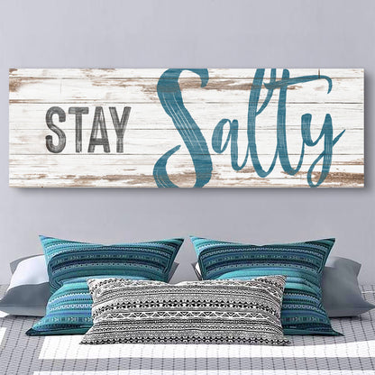Stay Salty Coastal Sign VIII canvas with weathered white wood backdrop and turquoise script on Tampa Home & Garden Store