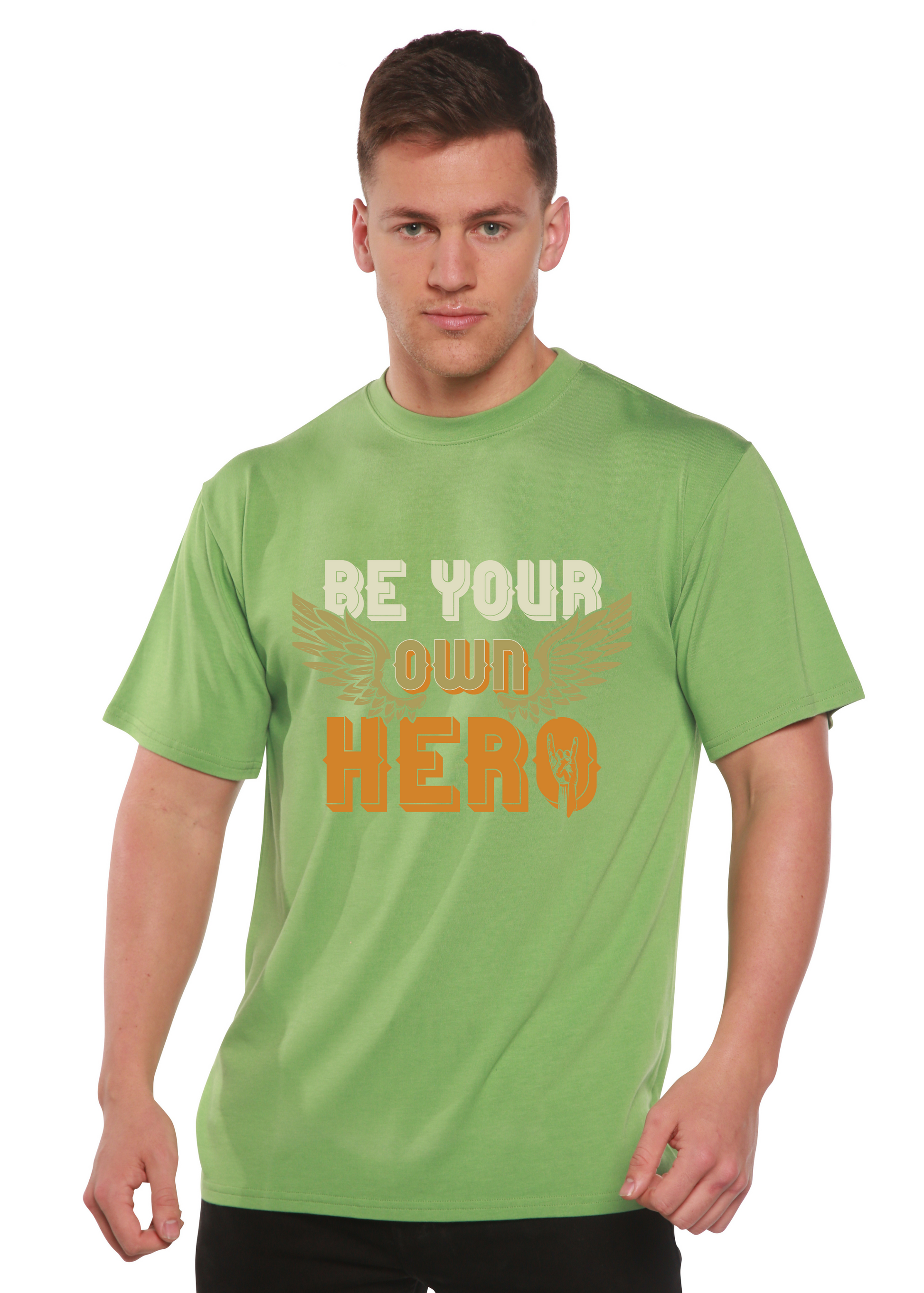 Be Your Own Hero graphic T-shirt lime green with orange wings Spun Bamboo on Tampa Home & Garden Store