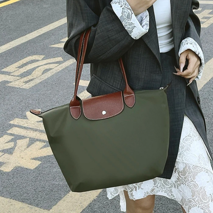 Large Classic Shoulder Handbag in olive green with brown leather trim and handles by Moktan Sabai on Tampa Home & Garden Store