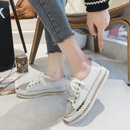Womens Leopard Sneakers Stevvex white canvas lace-up platform rhinestone toe pair on Tampa Home & Garden Store