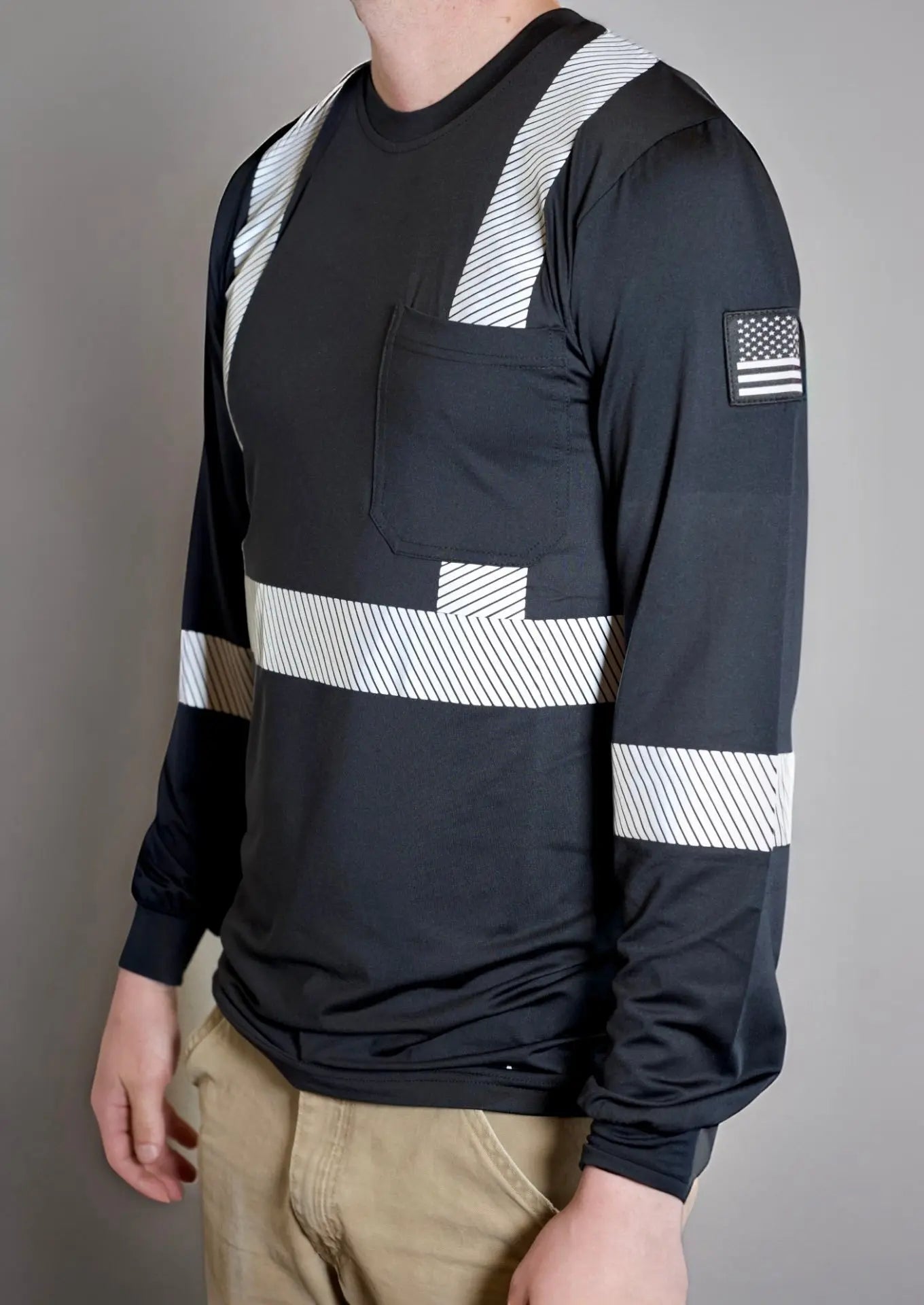 Static FR Non FR Hi-Vis Long Sleeve Shirt Black with white reflective stripes, chest pocket on Tampa Home & Garden Store