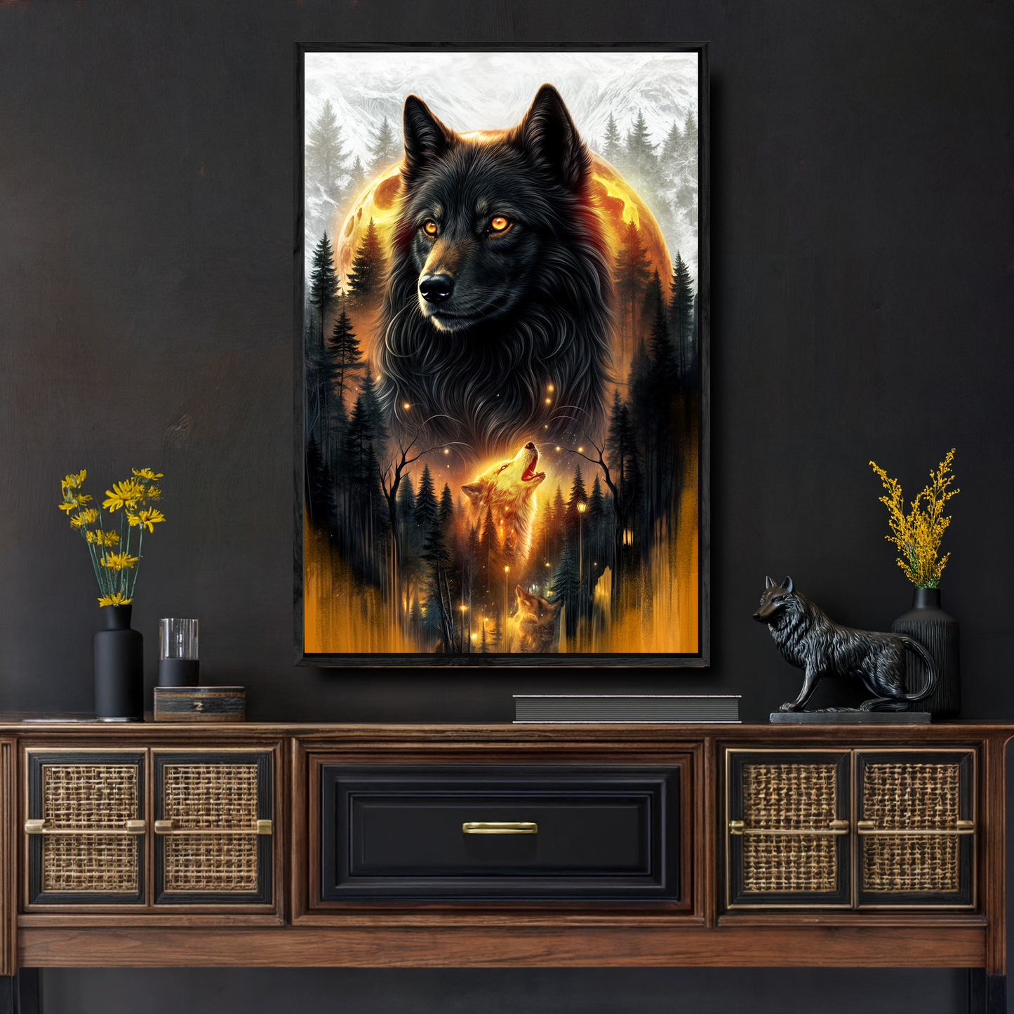Canvas Eclipse of the Alpha Wolf Wall Art by Tailored Canvases, dark wolf with fiery moon on Tampa Home & Garden Store