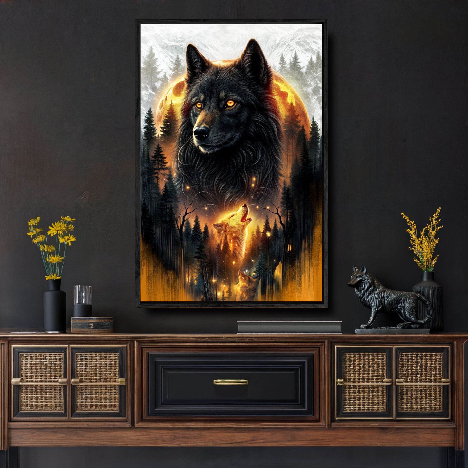 Canvas Eclipse of the Alpha Wolf Wall Art by Tailored Canvases, dark wolf with fiery moon on Tampa Home & Garden Store