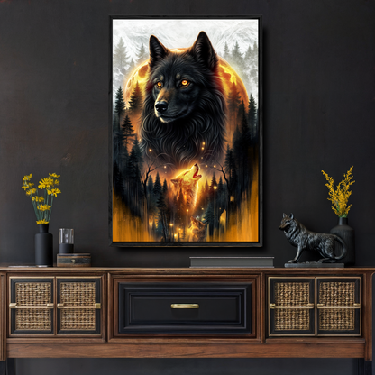 Canvas Eclipse of the Alpha Wolf Wall Art by Tailored Canvases, dark wolf with fiery moon on Tampa Home & Garden Store