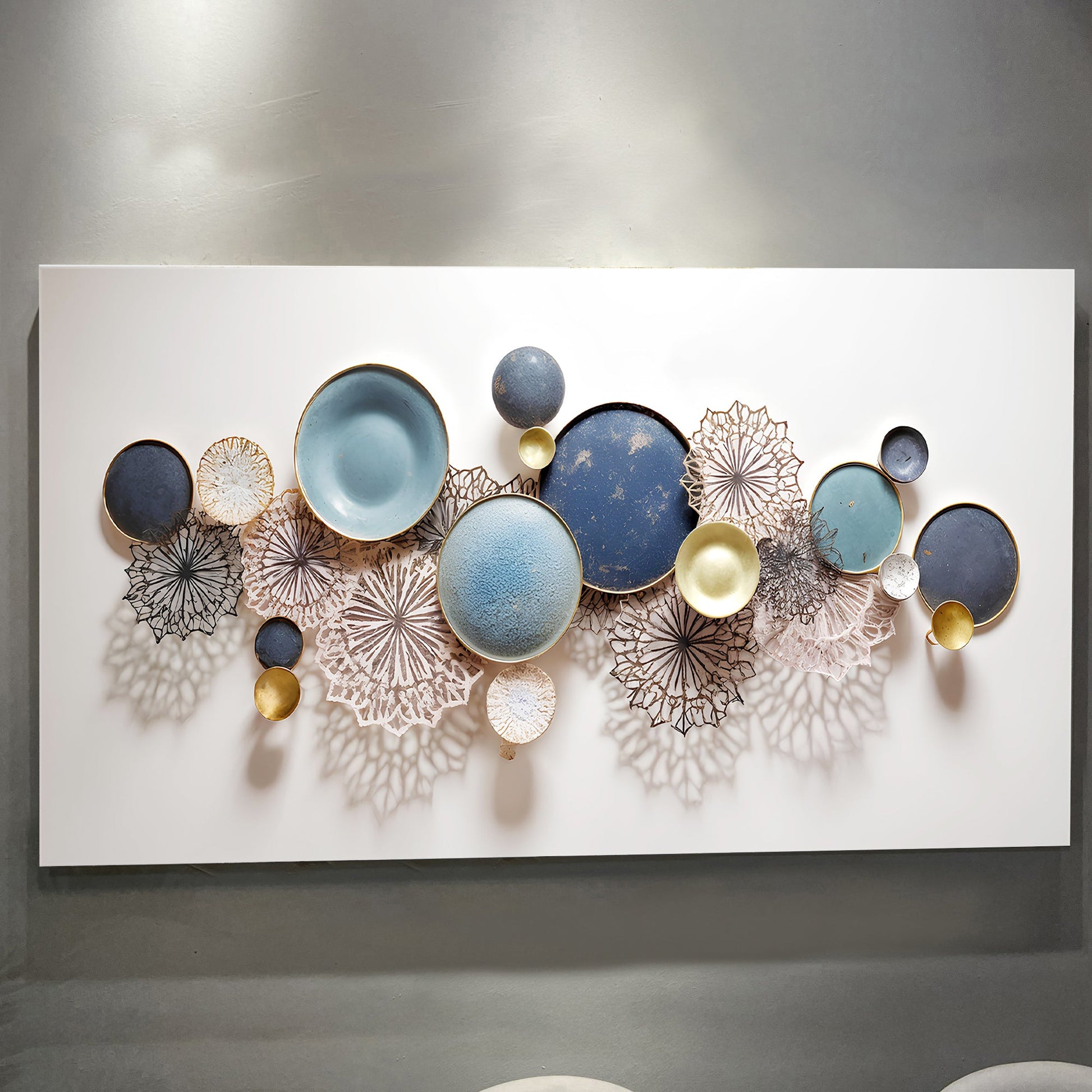 Lotus Leaf Abstract Wall Art III canvas with blue and gold circular discs and lace patterns on Tampa Home & Garden Store