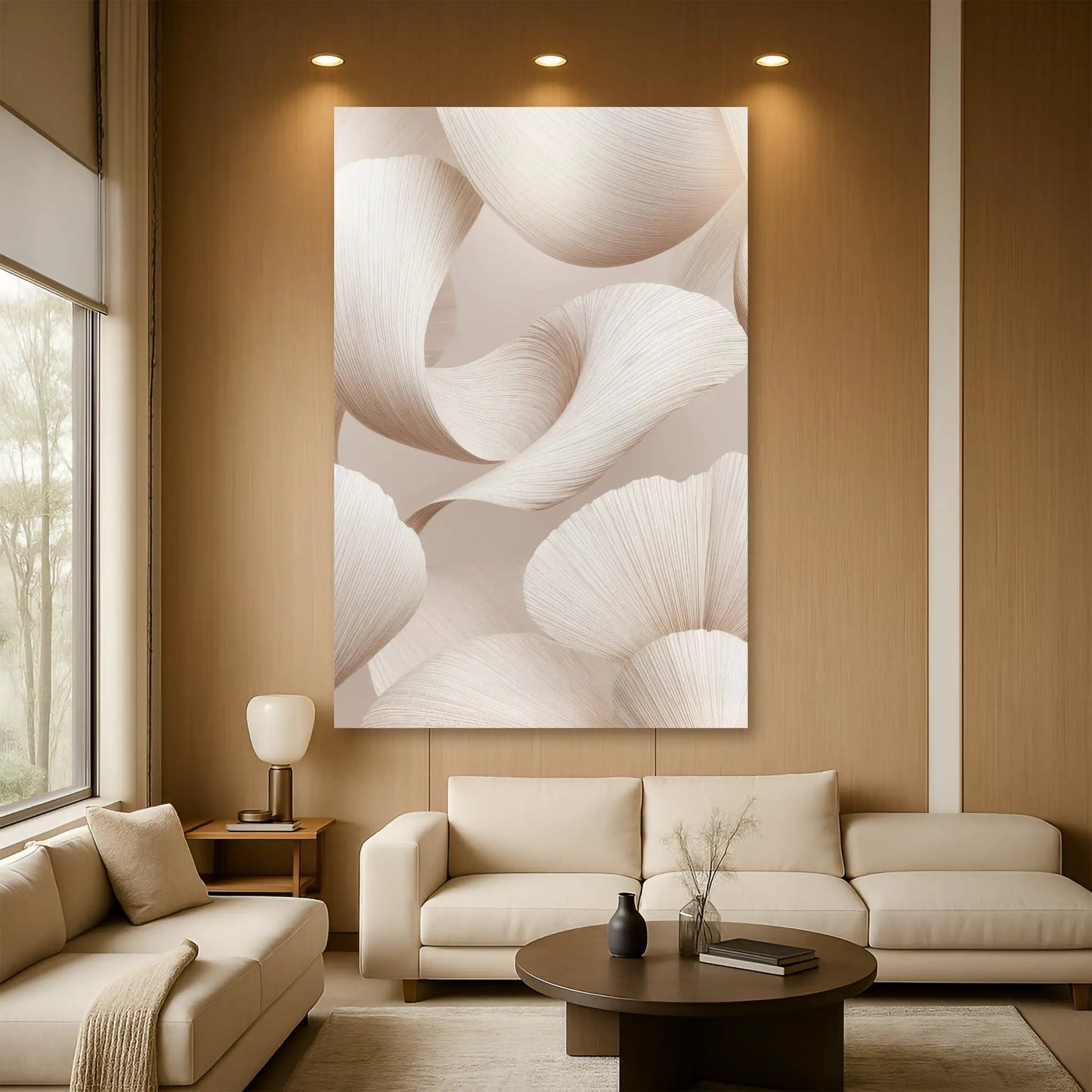 Calm Aesthetic Wall Art canvas by Tailored Canvases in beige with abstract ribbons for a serene space on Tampa Home & Garden Store