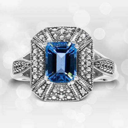 Ring .925 sterling silver emerald-cut blue topaz center with diamond halo size 7 by Bids.com on Tampa Home & Garden Store