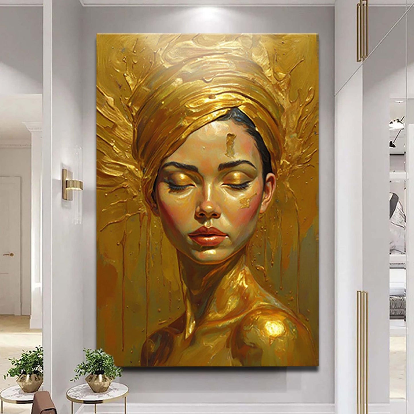 Woman's Golden Serenity Wall Art canvas with a gold-toned serene portrait and halo on Tampa Home & Garden Store