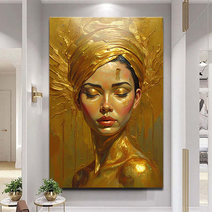 Woman's Golden Serenity Wall Art canvas with a gold-toned serene portrait and halo on Tampa Home & Garden Store