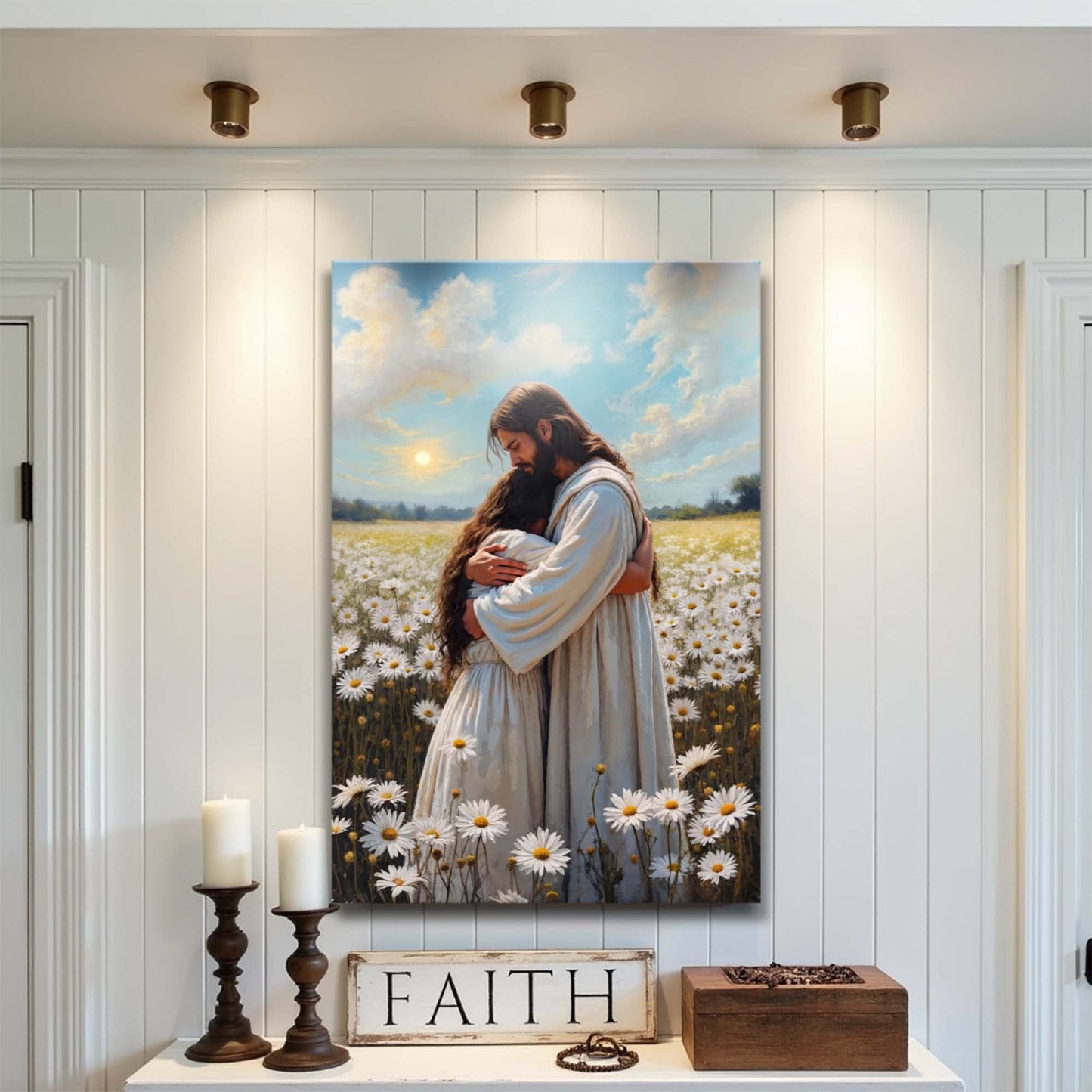 Jesus hugging woman faith wall art canvas in field of daisies under blue sky on white wall on Tampa Home & Garden Store