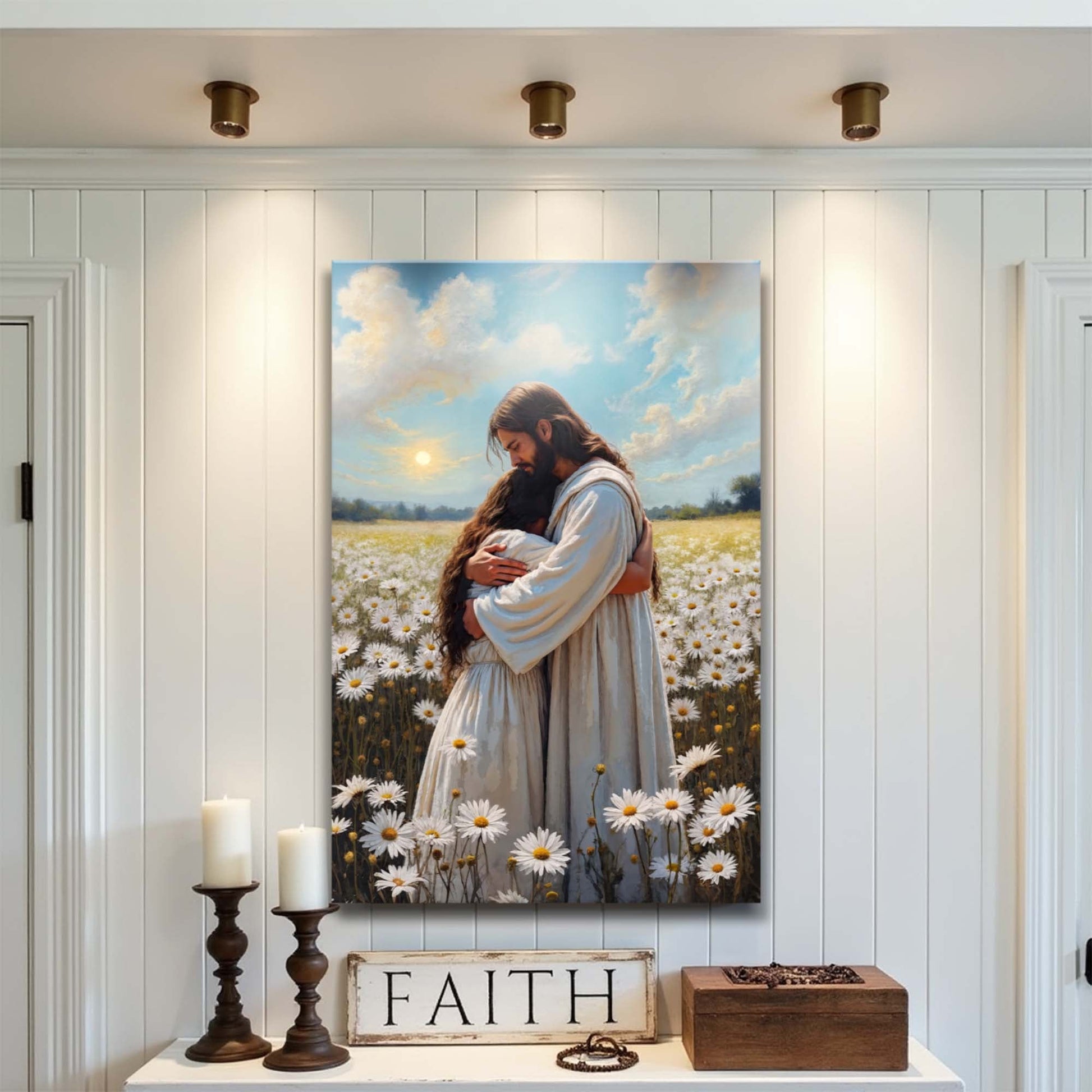 Jesus hugging woman faith wall art canvas in field of daisies under blue sky on white wall on Tampa Home & Garden Store