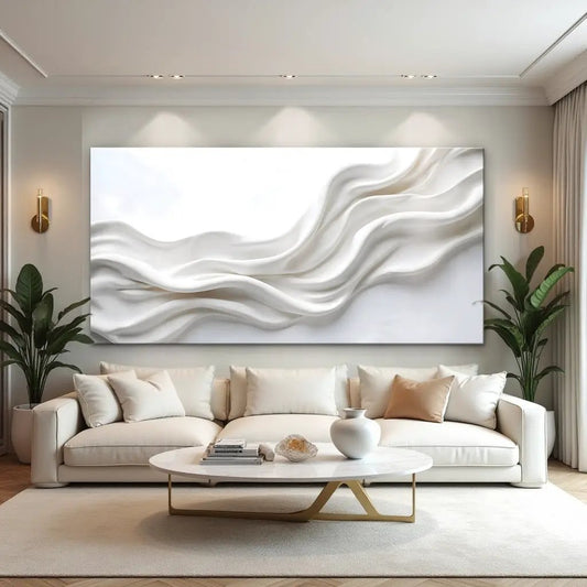 Wind Whispers Wall Art by Tailored Canvases with wave texture above a cream sofa in living room on Tampa Home & Garden Store