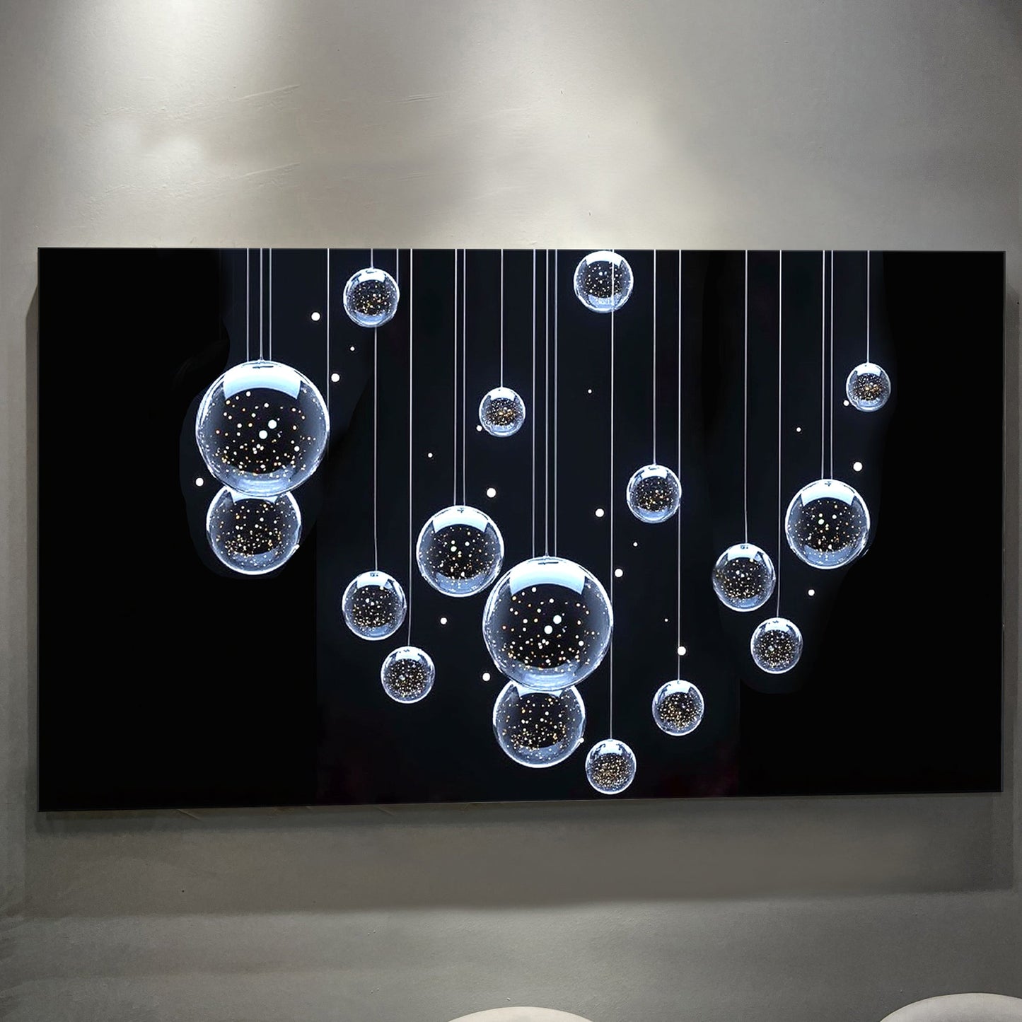 Tailored Canvases Modern Abstract Bubbles canvas wall art with hanging glass spheres on Tampa Home & Garden Store