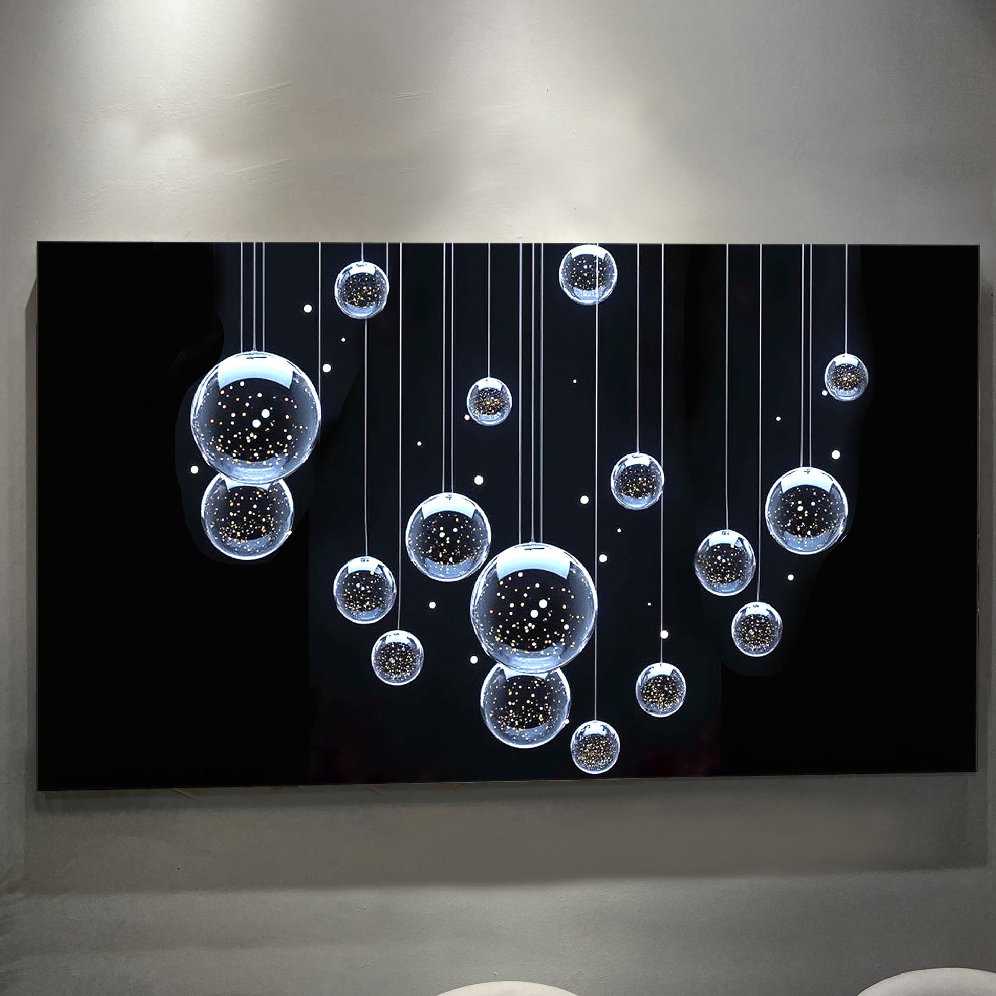 Tailored Canvases Modern Abstract Bubbles canvas wall art with hanging glass spheres on Tampa Home & Garden Store