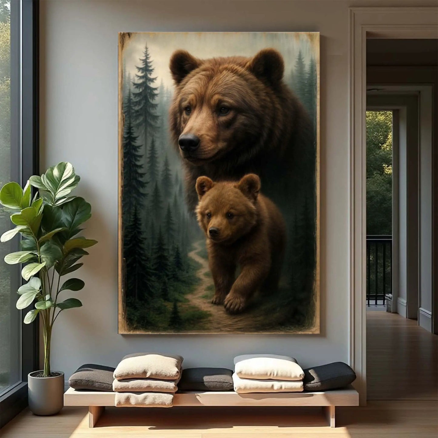 Path of the Wild Kin Bear and Cub wall art canvas with an adult bear and cub in a forest scene wood-framed on Tampa Home & Garden Store