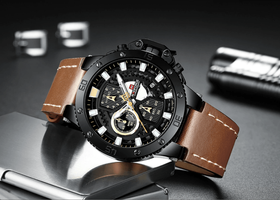 ST1N600MK waterproof watch with black dial and brown leather strap, fluorescent hands on Tampa Home & Garden Store