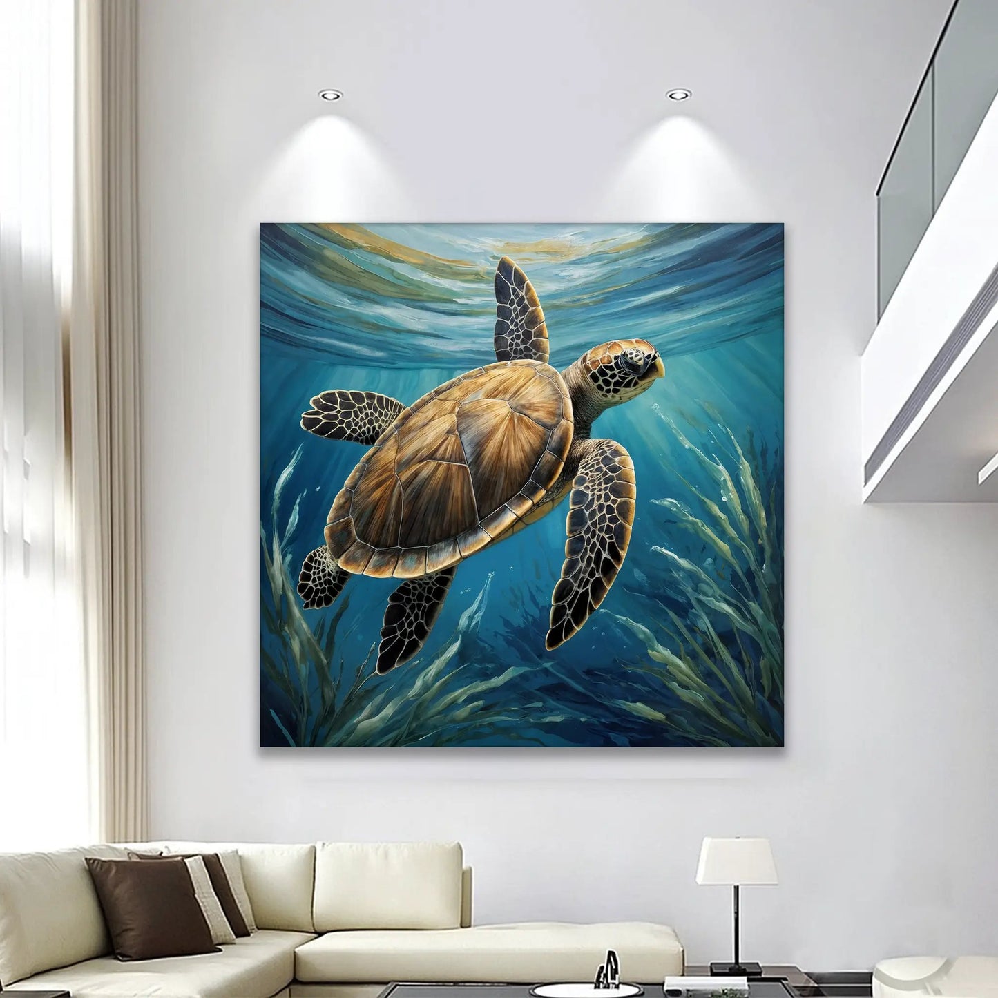 Turtle In Seagrass Coastal Wall Art canvas featuring a sea turtle among blue seagrass on Tampa Home & Garden Store