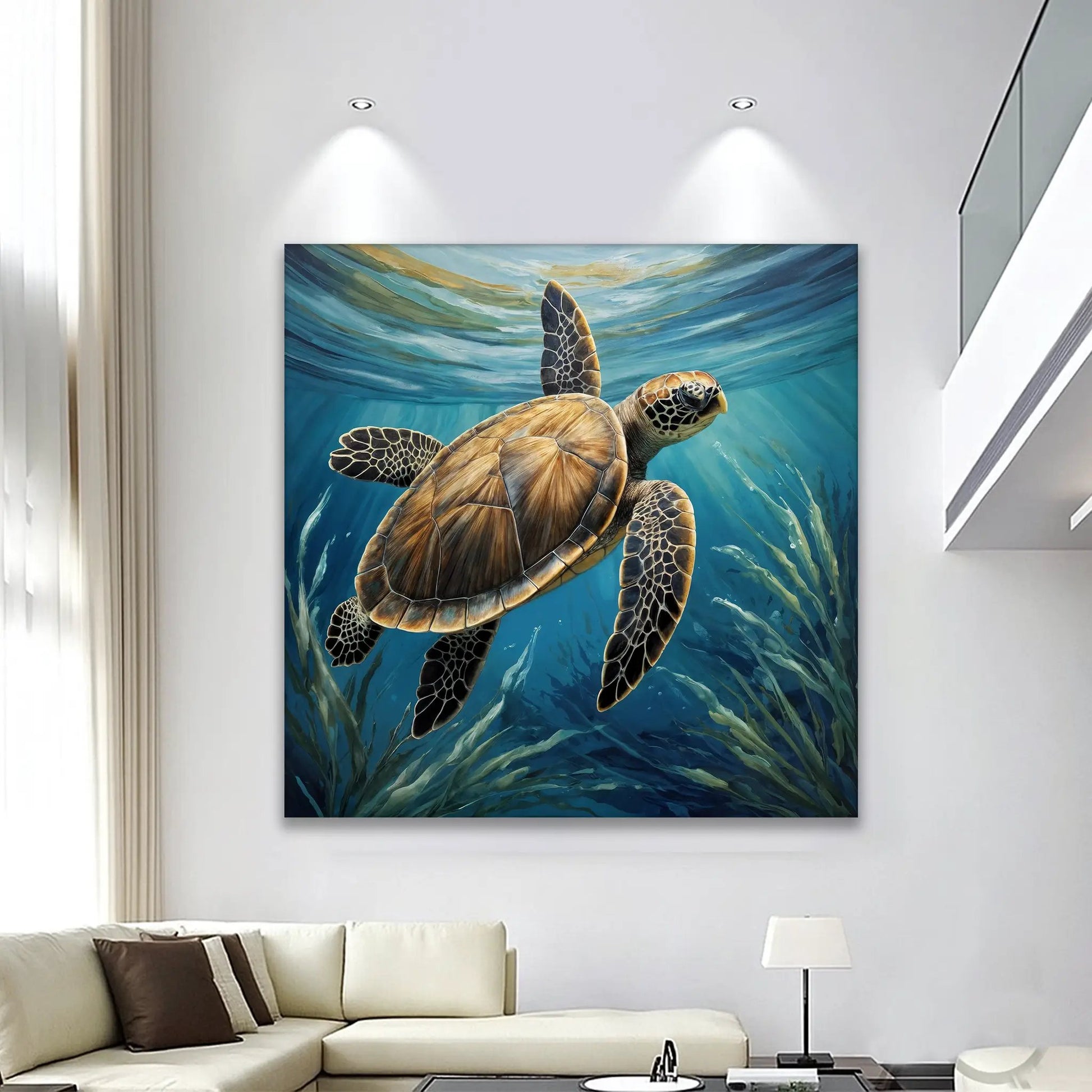 Turtle In Seagrass Coastal Wall Art canvas featuring a sea turtle among blue seagrass on Tampa Home & Garden Store