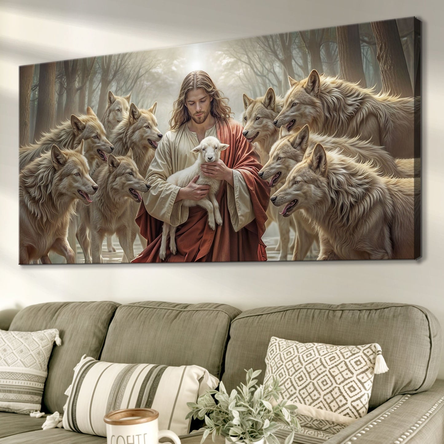 Jesus Protects The Lamb From Wolves Faith Wall Art II canvas Tailored Canvases forest scene on Tampa Home & Garden Store