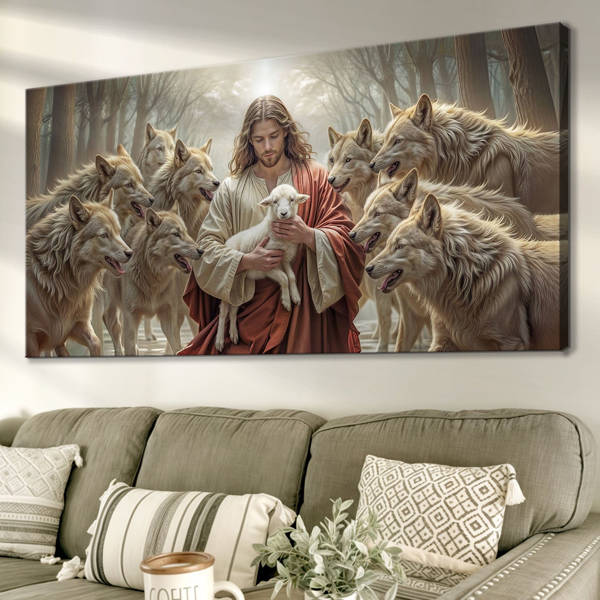 Jesus Protects The Lamb From Wolves Faith Wall Art II canvas Tailored Canvases forest scene on Tampa Home & Garden Store