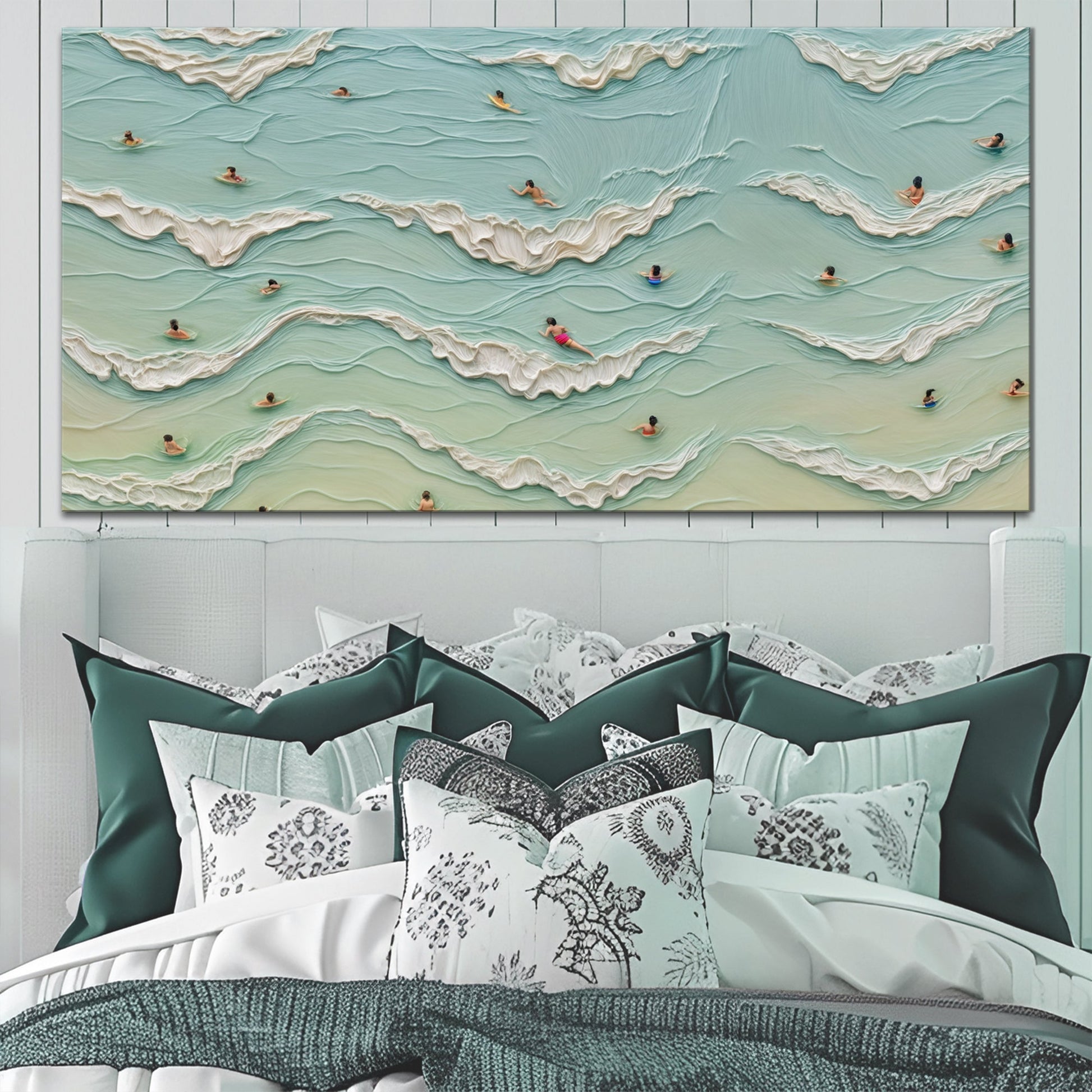 Beach Days Wall Art II canvas by Tailored Canvases featuring turquoise ocean waves and surfers on Tampa Home & Garden Store