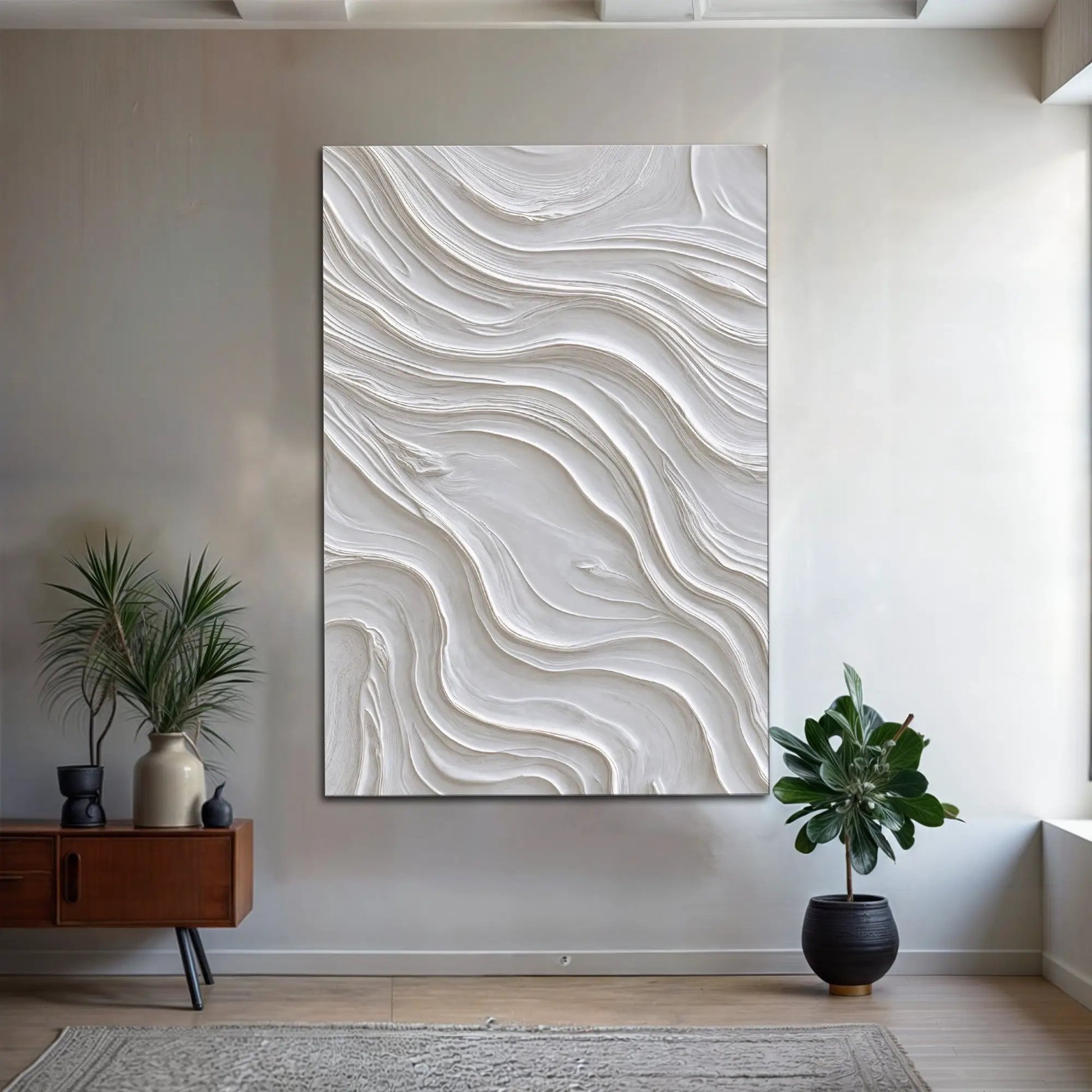 Minimalist Ocean Wave Wall Art canvas with white textured waves on a tall panel by Tailored Canvases on Tampa Home & Garden Store