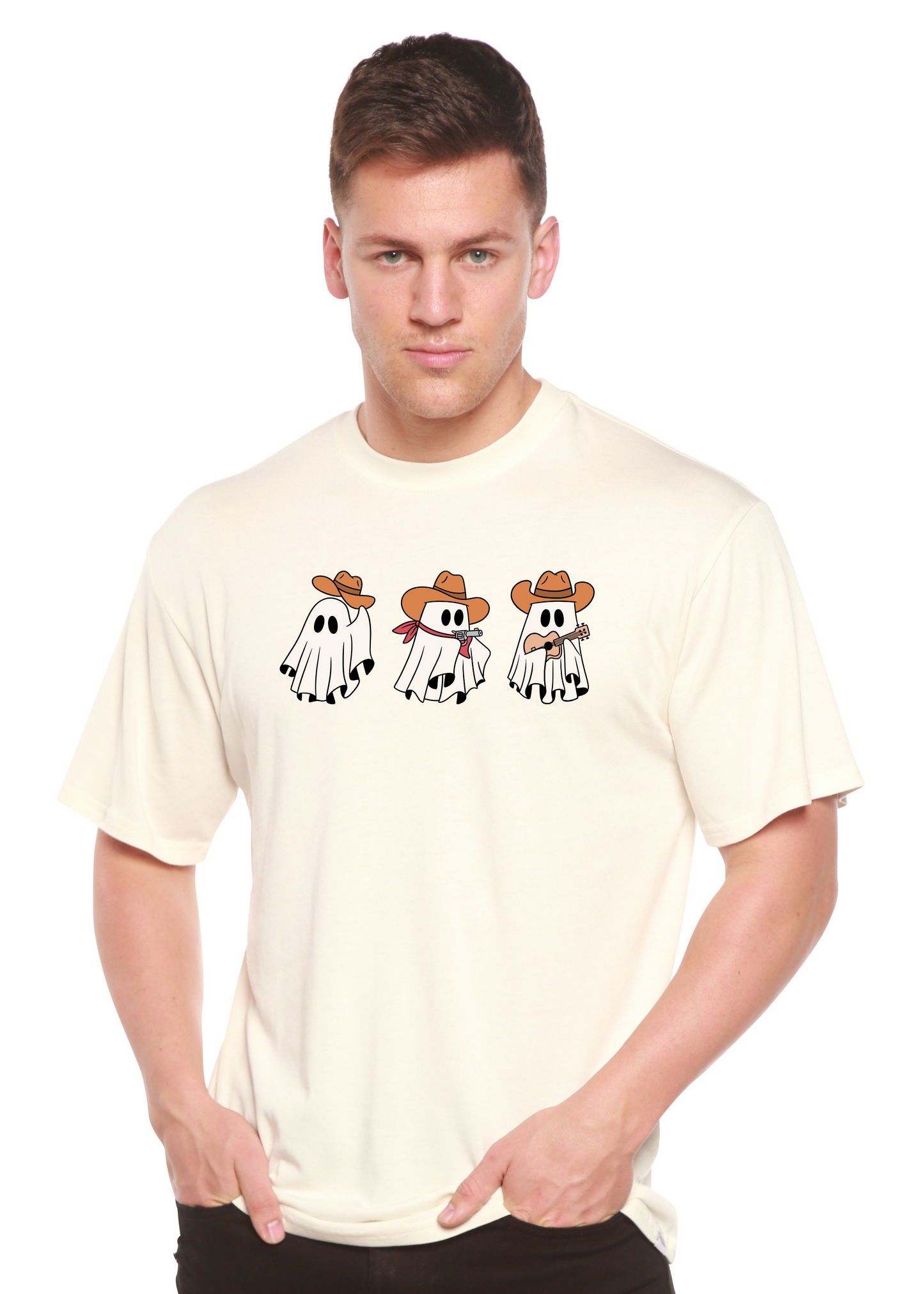 Cowboy Ghosts unisex bamboo T-shirt with three ghosts in cowboy hats on cream background on Tampa Home & Garden Store