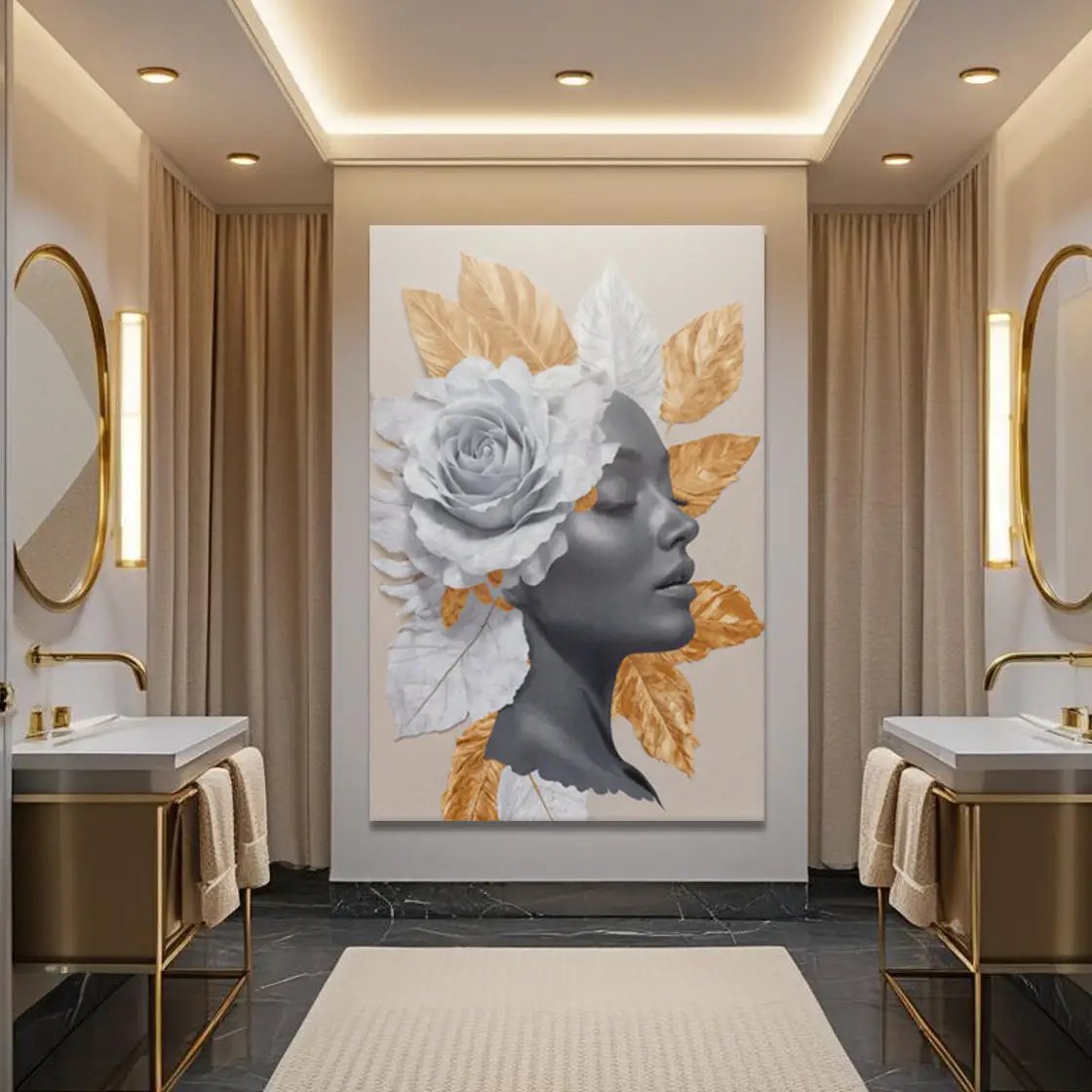 Floral Majesty Wall Art IV canvas, grayscale female profile with white rose and gold leaves on Tampa Home & Garden Store