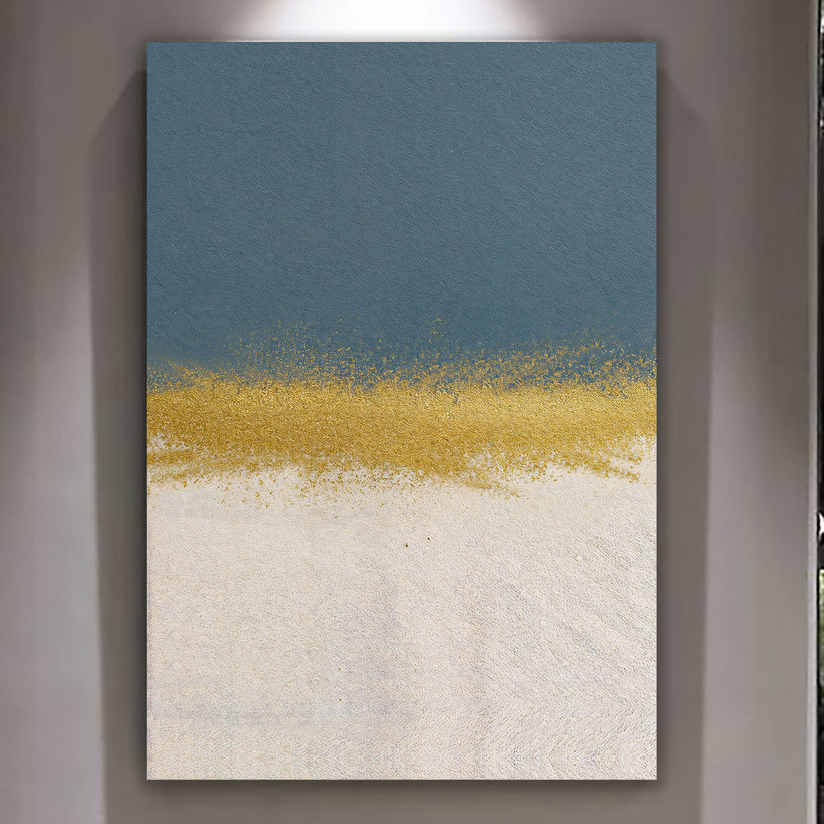 Minimalist blue and gold canvas by Tailored Canvases with blue top and gold specks on Tampa Home & Garden Store