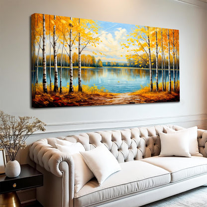 Autumn Whispers Wall Art canvas with birch trees and golden leaves by a calm lake on Tampa Home & Garden Store
