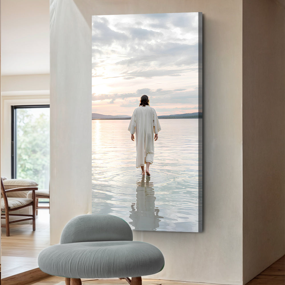 Reflections Faith XV canvas Tailored Canvases; figure in white robe walks into calm water on Tampa Home & Garden Store
