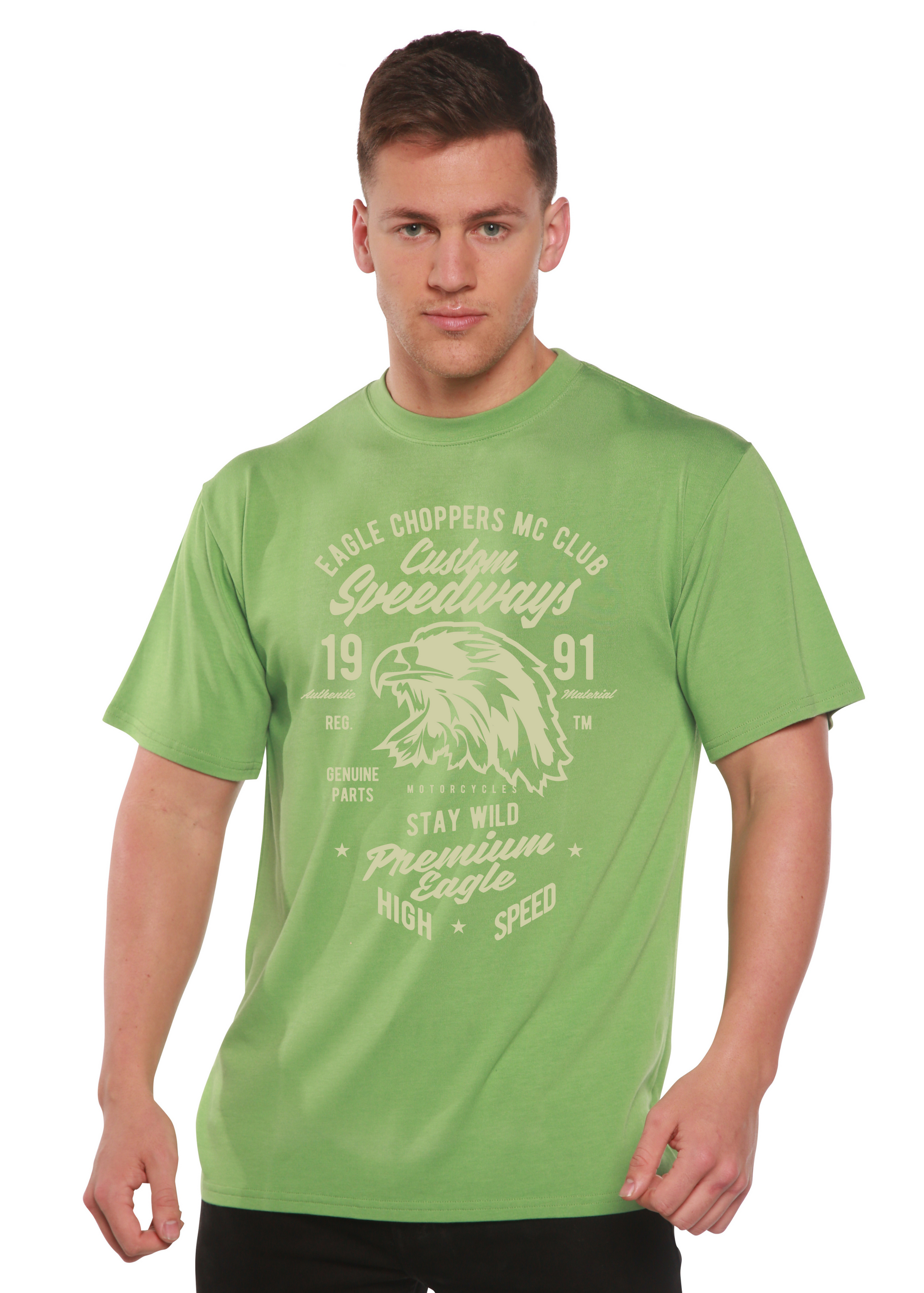 Mens green graphic tee with eagle Speedways print, bamboo viscose/cotton by Spun Bamboo on Tampa Home & Garden Store