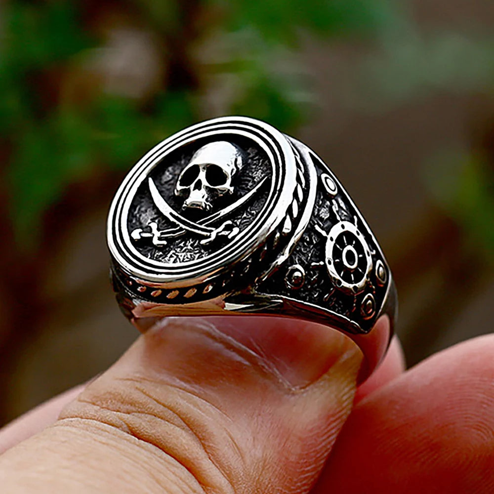 Corsair's Oath ring in silver-tone metal with skull crest and rope-edge detailing by BikerZoneZ on Tampa Home & Garden Store