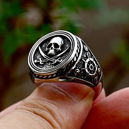 Corsair's Oath ring in silver-tone metal with skull crest and rope-edge detailing by BikerZoneZ on Tampa Home & Garden Store