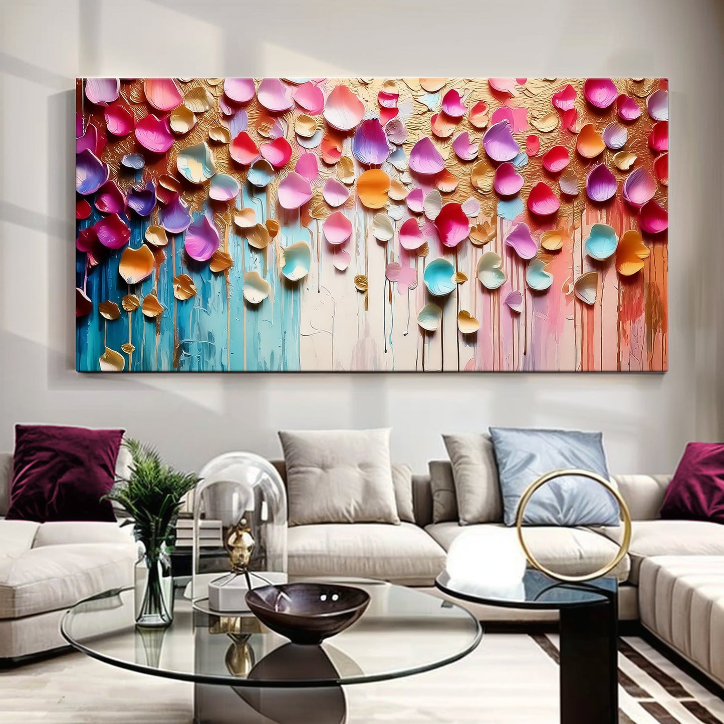 Vibrant Petals Wall Art canvas by Tailored Canvases with colorful petals on gold backdrop on Tampa Home & Garden Store