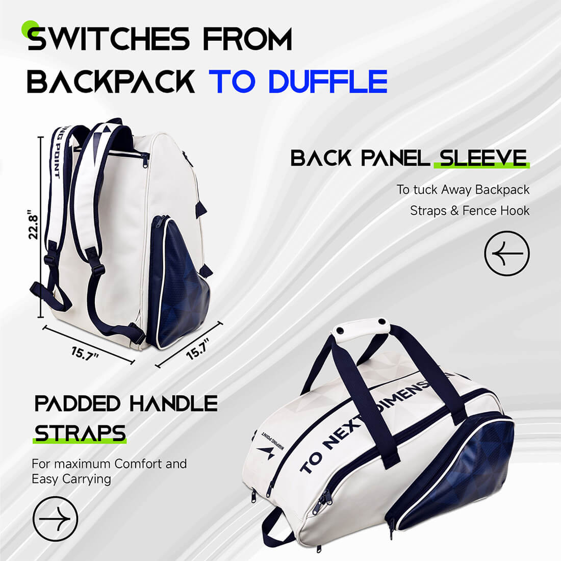 Pro Team Pickleball Bag by Warping Point, white/navy backpack/duffle with padded straps on Tampa Home & Garden Store